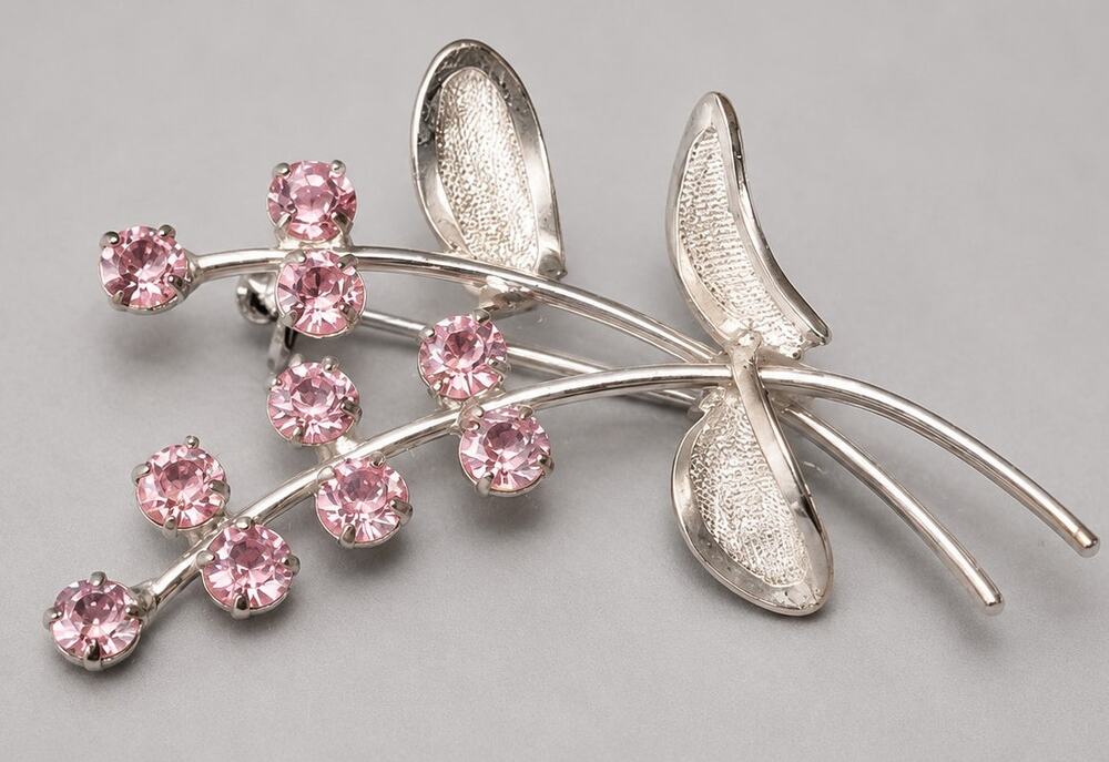 Vintage Flower Brooch Pin Pink Silver-tone Mesch 2" Floral Spray sf-62